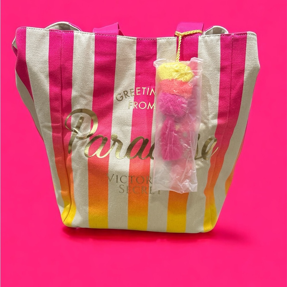 Victoria's Secret Pink and Yellow Tote Bag with Stripes